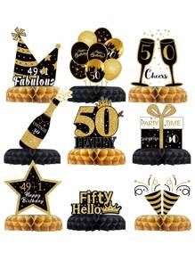 9pcs/Set Original Design 50th Birthday Honeycomb Ornaments For Birthday Party Backdrops Decor, Room Decor Supplies, 50th Birthday Party Favor, Birthday Gift, Birthday Decor Room Decor, Home Decor