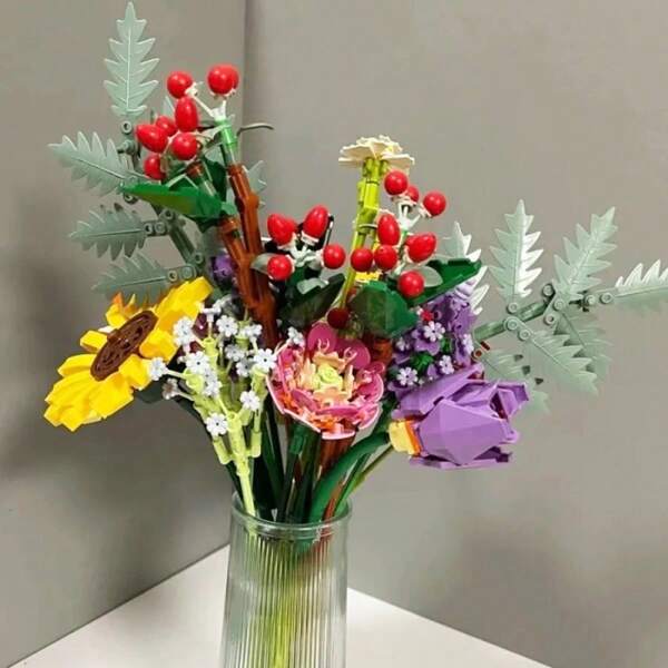 Blumen Bausteine Set für Erwachsene, 976Stück Blumenstrauß, künstliche Blume Bauklötze Bausatz Spielzeug für Frauen Mädchen, Home Deko Geschenk für Geburtstag, Valentinstag, Weihnachten (keine Vase)