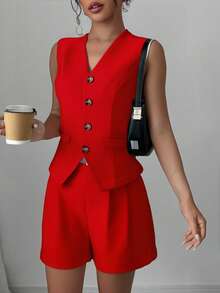 Conjunto unicolor de blazer chaleco y shorts Botones frontales elegantes de color sólido - Rojo - Ver 1