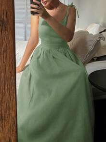 Váy yếm hở lưng buộc dây gợi cảm phong cách nghỉ mát mùa hè kiểu Pháp thanh lịch, váy nghỉ mát phong cách Bohemian sang trọng - màu xanh lá - Xem 4