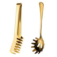 2 peças Colheres para Massa de Aço Inoxidável com Dentes, Conjunto de Utensílios Italianos para Massa, incluindo Garfo para Massa, Pegador de Massa de 9,33" e Garfo para Massa de 9,45", Reutilizáveis e Seguros para Lavar na Máquina de Lavar Louça (Dourado)