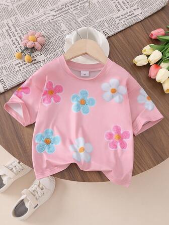 1 件女童 4-7 岁白色 T 恤，带 3D 花朵图案，短袖，夏季