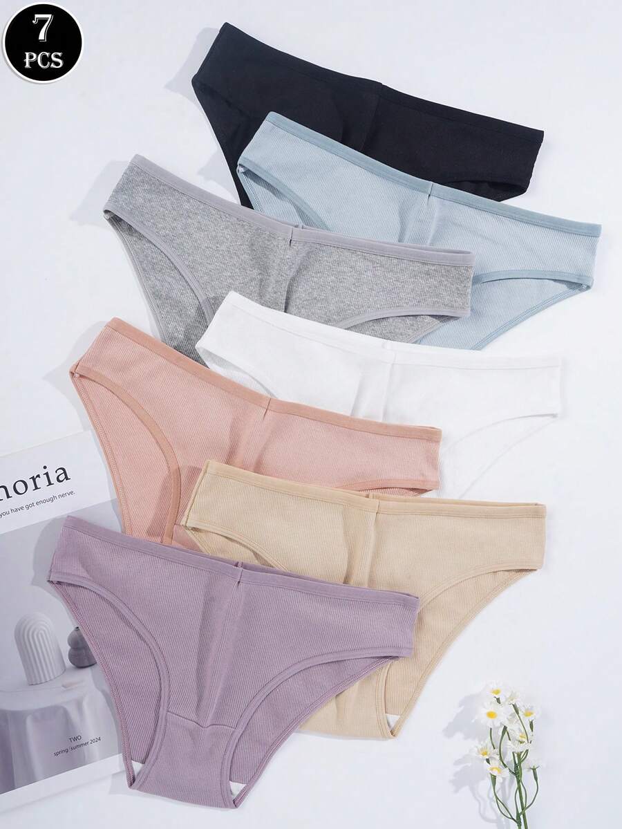 7条装女士棉质内裤性感低腰纯色罗纹针织三角裤舒适透气运动内衣