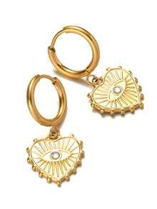 Stainless Steel Gold Color Crystal Rhinestone Heart & Eyes Design Women Earrings, Vacation Style Jewelry - Gold - View 5