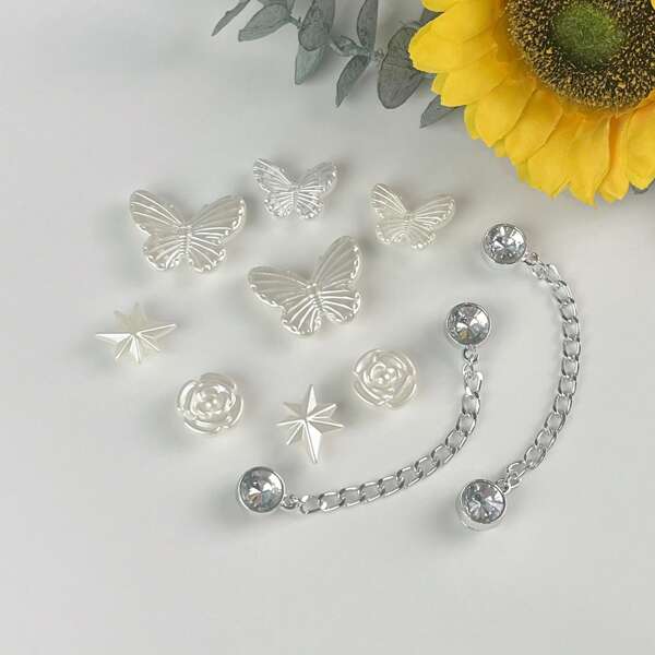10pcs/Set DIY Shoe Decoration Charms - Pearls, Butterfly, Chain Decor For Clogs, Removable Shoe Ornaments