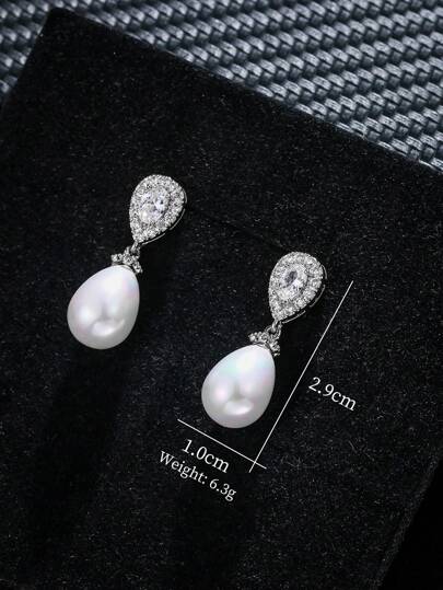 1 Pair Elegant Cubic Zirconia & Pearl Teardrop Earrings, Luxury Jewelry Earrings For Women