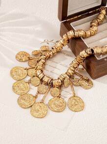 1pc Asymmetrical Vintage Coin Style Tassel Decor Necklace, Elegant Luxurious Look