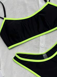 Women's Fashion Contrast Trim Spaghetti Strap Bikini Set, Summer
