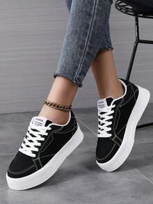 Low Top Women's Shoes Sneakers , Casual Shoes, Sports Shoes, Student Shoes, Fashionable Color Blocking Design With Lace Up, Ultra Light EVA Sole, Breathable And Soft, Suitable For All Seasons - Black - View 3