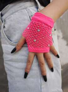 1 Pair Rhinestone Mesh Decor Fuchsia Party Gloves