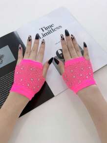 1 Pair Rhinestone Mesh Decor Fuchsia Party Gloves
