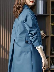 1pc Solid-Color Woven Fabric Button Pocket Mid-Length Long Sleeve Trench Coat, Suitable For Dating, Festival, Daily Wear, Birthday Party, Travel, Spring - Blue - View 2