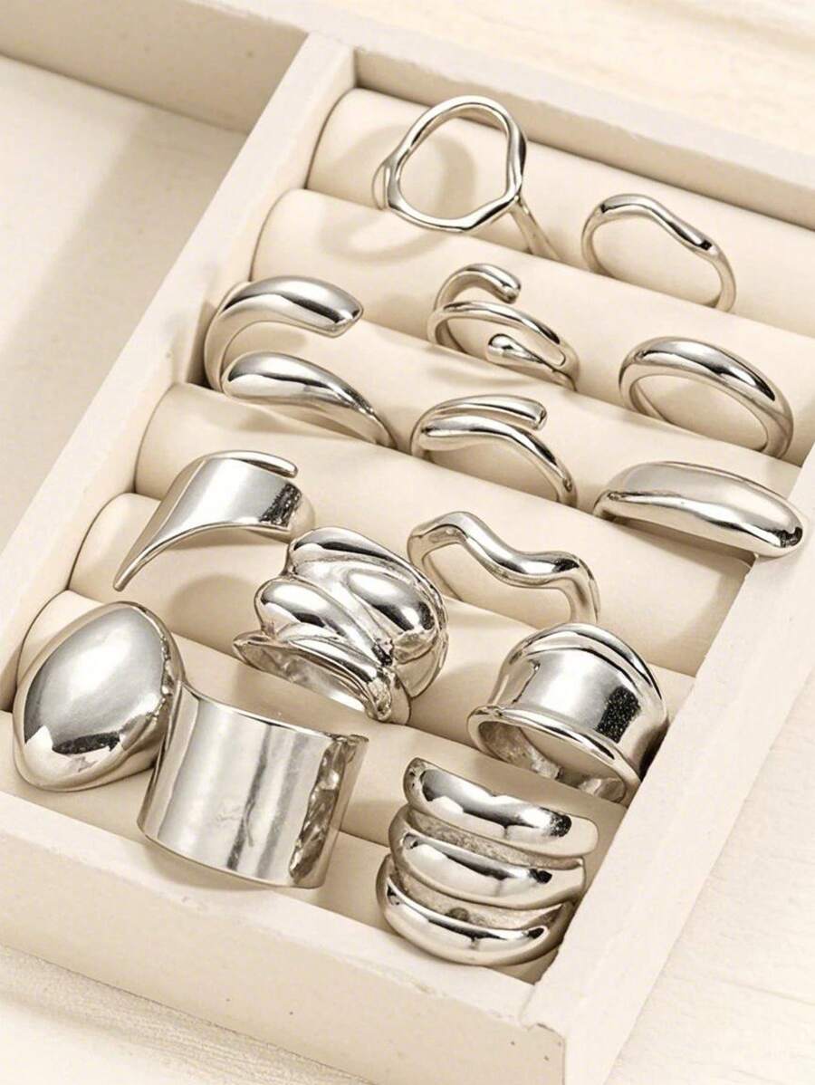 14pcs/2 Sets Fashion Minimalist Elegant Vintage Asymmetrical Geometric Liquid Thick Chunky Statement Cocktail Rings Set, Gift For Holiday Beach Party Date Everyday Wear