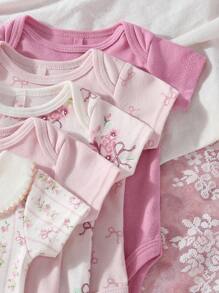 5pcs Baby Girls' Cartoon Short Sleeve Bodysuit, Cute Spring/Summer