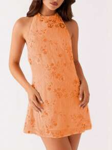 Y2k Sequin Beaded Halter Dress For Women Sexy Sparkle Backless Mini Dress Floral Embellished Rhinestone Club Dresses