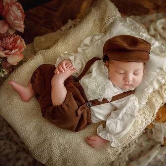 3pcs/Set Newborn Photography Outfit: Hat + Top + Pants, Baby Photoshoot Props And Growth Commemoration Items
