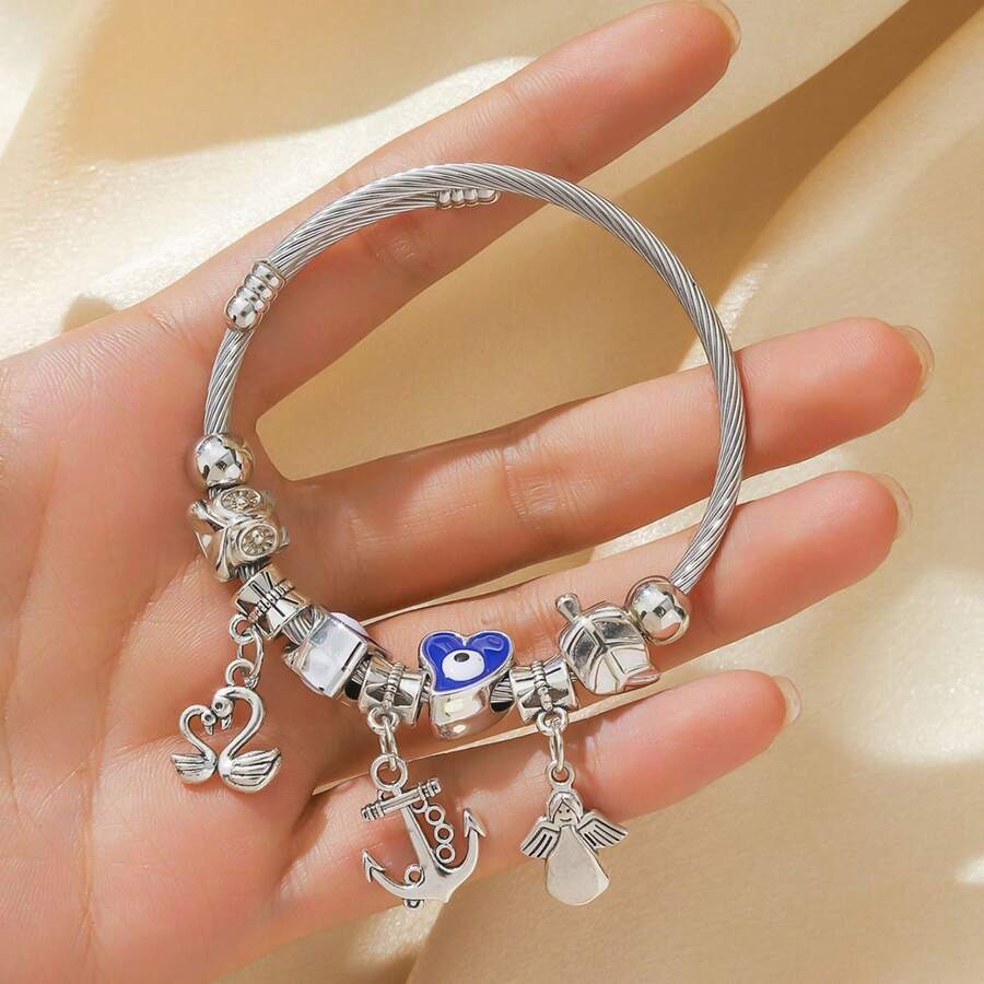 Popular Classic Silver Stainless Steel Bracelet Exquisite Pendant Alloy Adjustable Couple Bracelet - 藍色-2 - 查看 1