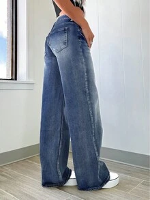 Jeans vintage da donna a gamba dritta allentati e consumati - Blu lavato scuro - Visualizzare 3