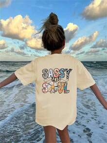 Girls Casual Letter Print Round Neck Short Sleeve T-Shirt, Summer Top - Apricot - View 1