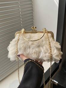 2025 Spring/Summer White Romantic Wedding Season 1pc White Pearl Net Flower Clasp Handbag, Elegant Women's Luxury Formal Dress Evening Bag, Bridal Wedding Party Clutch, 3D Floral Design Shell Clip Bag, Spring New Gift For Girlfriend, Wife, Bridesmaids