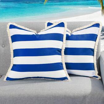 2 件防水流苏抱枕套，条纹装饰靠垫套，适用于户外露台、阳台、沙发