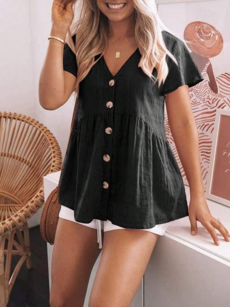 Womens Short Sleeve V Neck Button Down Babydoll Peplum Blouse Loose Casual Top - 黑色 - 查看 1