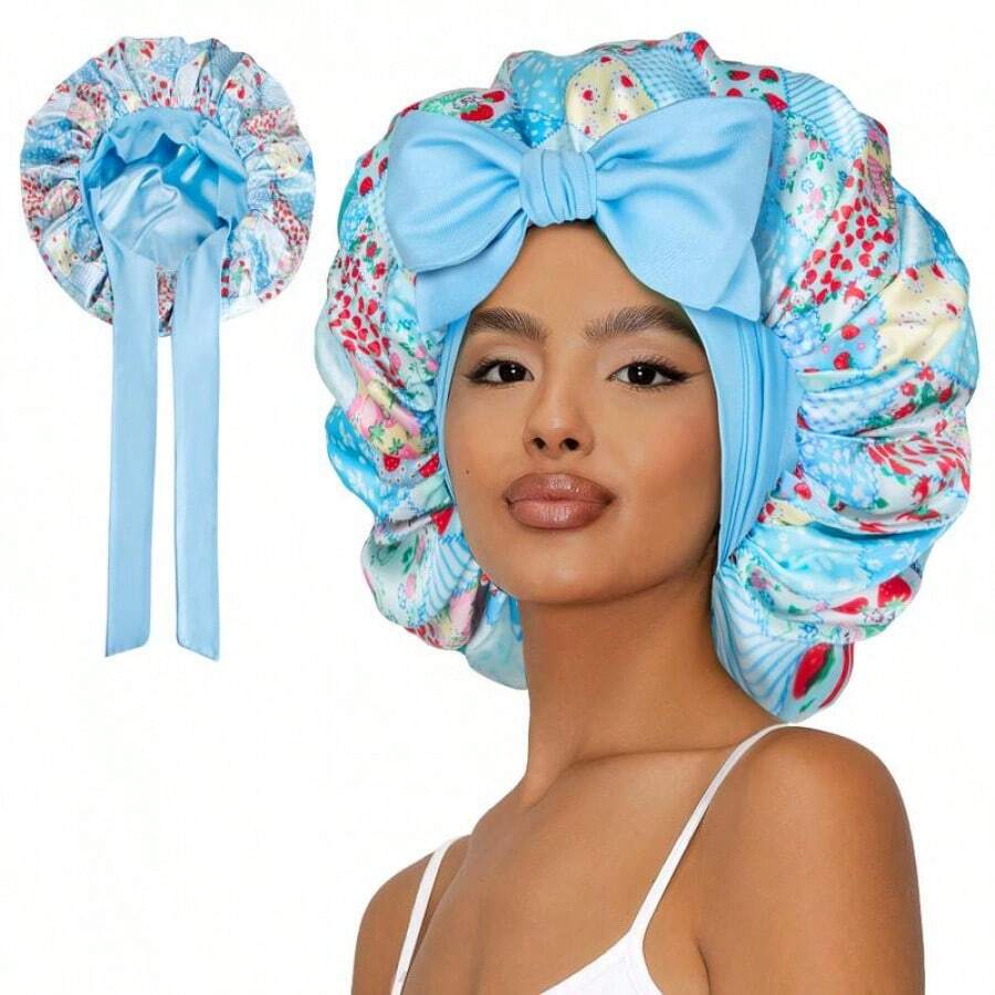 Satin Bonnet Silk Bonnet For Sleeping Double Layer Satin Lined Hair Bonnet With Tie Band Bonnets For Women Natural Curly Hair - Strawberry Blue - View 1