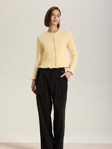 奶油黄色多层装饰圆领长袖针织开衫 - 黃色 - 查看 5