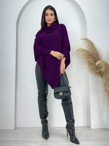 Swisz Women's Winter Poncho Knit Long Sleeve V-Neck Sweater With Scarf - Purple - View 2