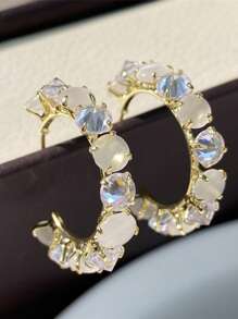1 Pair Copper Alloy Cat Eye Stone C-Shape Hoop Earrings, Unique Design With Elegant Simplicity, Suitable For Women Who Pursue Distinctive And Quality Style, For Daily Commute, Casual Gathering, Formal Business Events, Romantic Dates To Enhance Overall Outfit And Facial Features