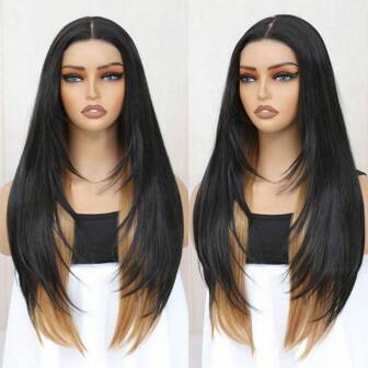 Black Wear And Go Glueless Wigs Pre Plucked Pre Cut For Beginners Long Layered Straight Synthetic Lace Front Wigs With Bangs 26 Inch Natural 1B 3 Seconds To Wear For Beginners