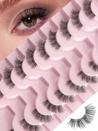  Hinarin 10对半睫毛透明带状睫毛猫眼假睫毛短款柔软3D仿貂毛睫毛柔软自然假睫毛适用于派对和日常化妆