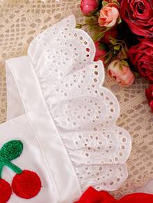 Conjunto de 2 piezas para bebé niña: body con bloqueo de color, bordado de cereza y volantes, con diadema - Blanco - Ver 6
