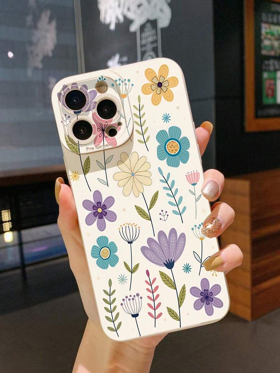 Flower 1pc Floral Pattern Phone Case Protector Compatible With Galaxy/Compatible With Infinix/Compatible With Redmi/Compatible With OPPO/Compatible With VIVO/Compatible With Realme, White Background Waterproof Shockproof Anti-Fall Scratch Resistant,International Version, Not The Domestic Version - Beige - View 1