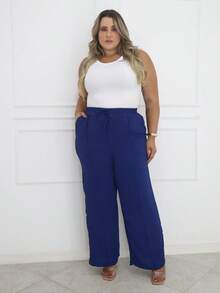Duna Women's Plus Size Wide Leg Pants With Pocket - Navy Blue - View 1