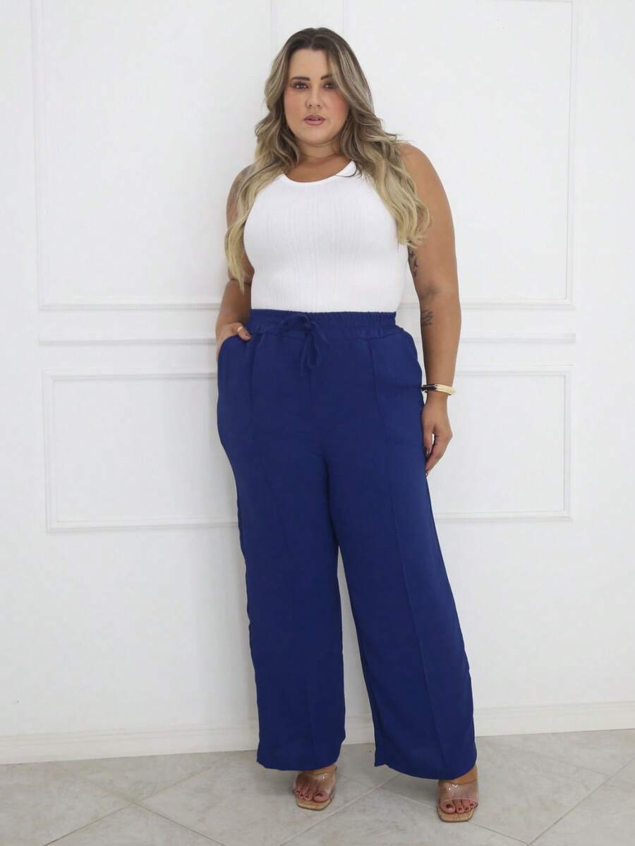 Duna Women's Plus Size Wide Leg Pants With Pocket - Navy Blue - View 1