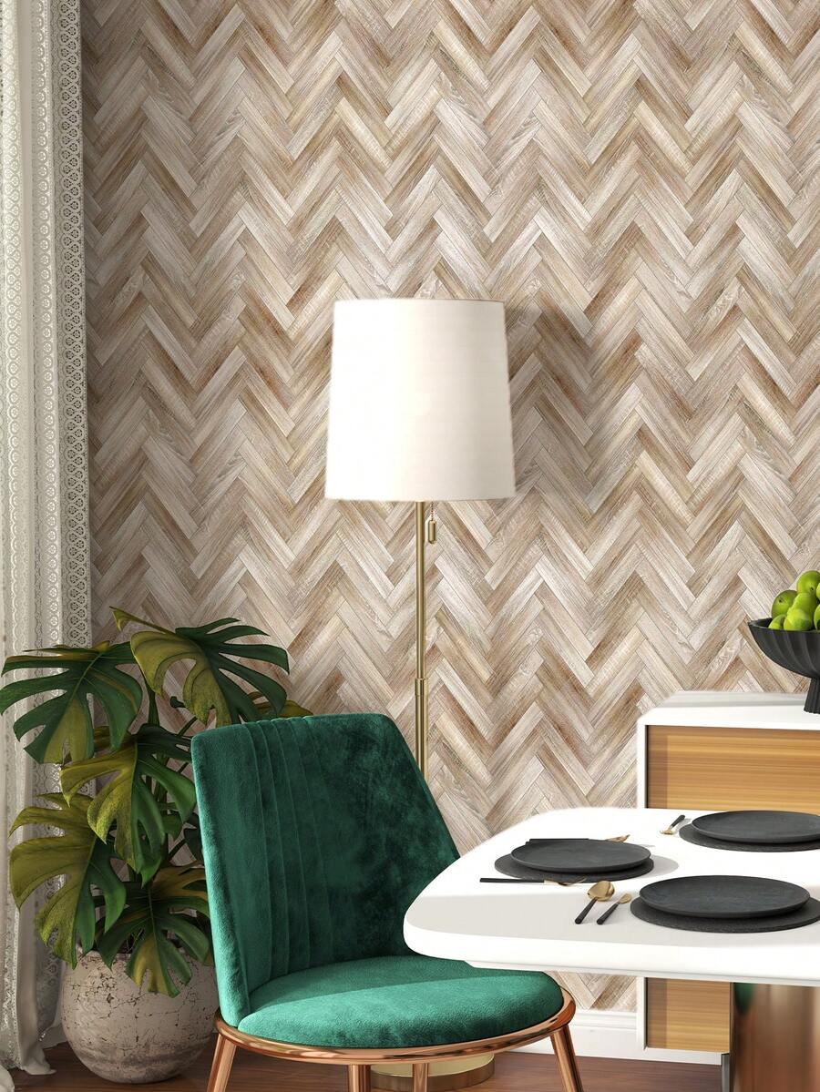 1 卷简约人字形木纹图案自粘可移除壁纸，适用于家居装饰墙壁、橱柜、桌面、教室、宿舍，17.72 * 39.37/17.72 * 118.11/17.72 * 196.85 英寸墙面装饰房间装饰贴纸个性化贴纸墙贴 - 彩色 - 查看 1