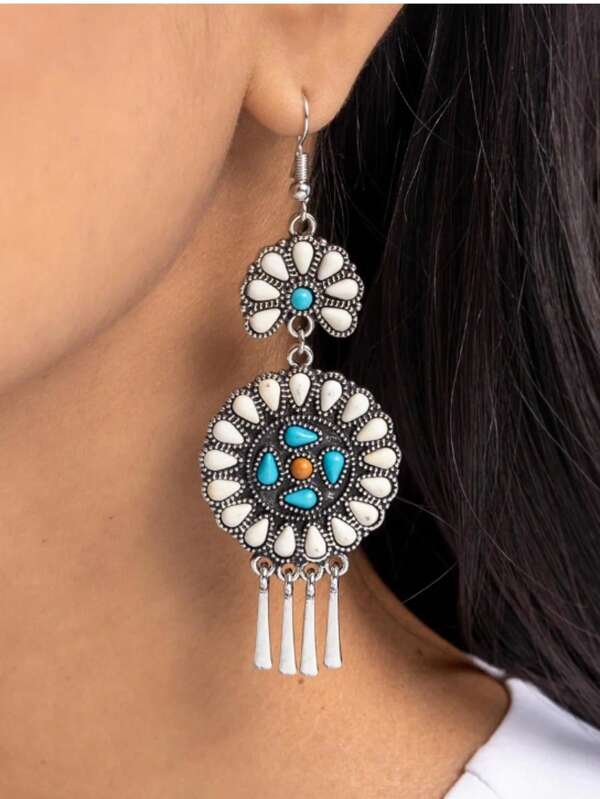 1 Pair Boho Handmade Natural Turquoise Flower Shape Tassel Earrings For Women, Suitable For Ladies, Vacation, Party, Versatile And Gift