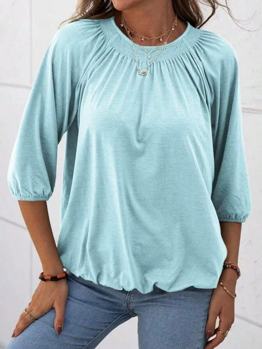 Women's Cotton Crew Neck T Shirt Loose Pleated Basic Top Half Sleeve Casual Blouse - Màu xanh nhạt - Xem 1
