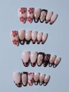 24pcs Almond-Shaped French Acrylic False Nails With Golden Beads. These Medium-Length, Durable And Reusable False Nails Are Designed To Perfectly Fit The Nail Shape. The Set Includes 1 Bottle Of Jelly Gel And 1 Nail File, Suitable For Daily Wear By Women And Girls. Nail Supplies - Multicolor - View 3