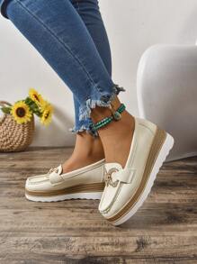 2025 Spring Women Thick-Sole Slip-On Loafers, Round Toe Metal Buckle Wedge Casual Shoes, Vintage British Style PU Leather Outdoor Commuting