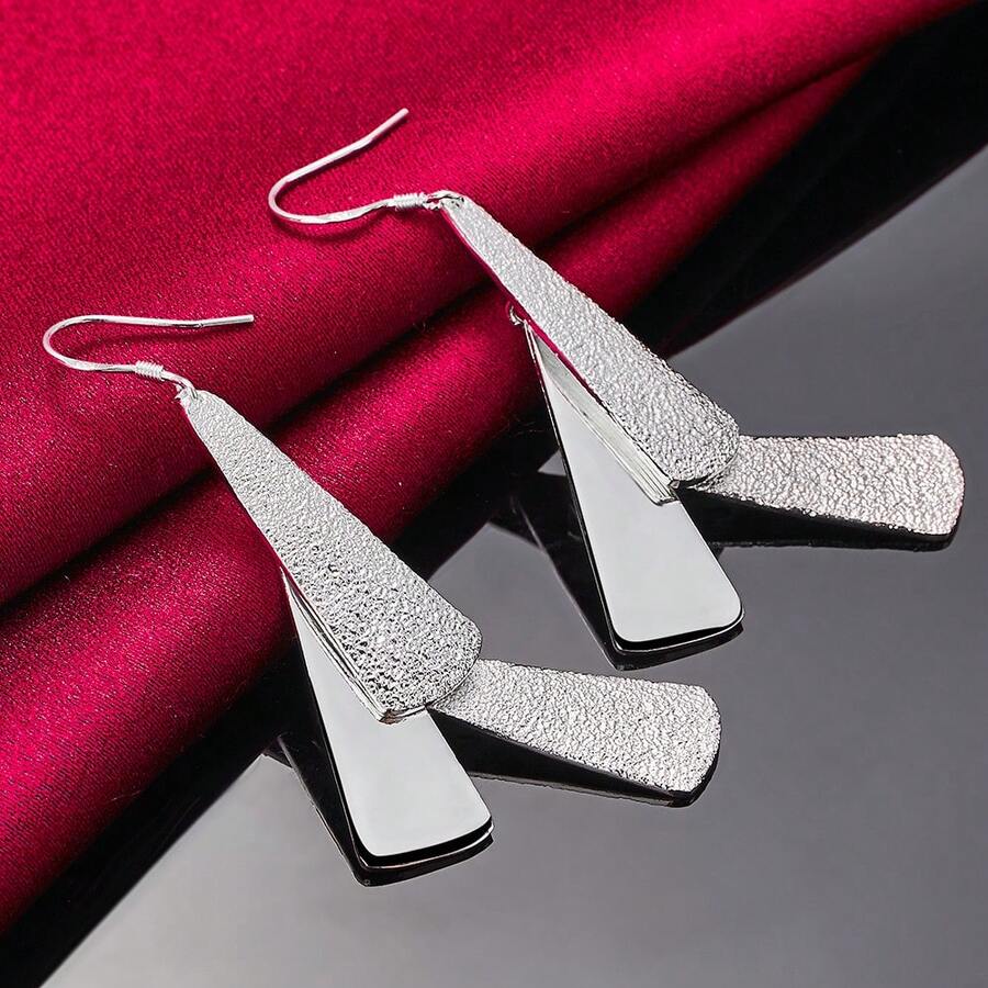 925 Sterling Silver Plated Frosted Long Geometric Drop Earrings Charm Women Jewelry Fashion Wedding Engagement Party Gift