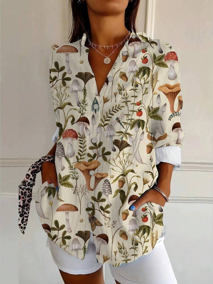 女士长袖衬衫时尚花卉印花春夏新品休闲宽松上衣舒适休闲衬衫飘逸别致街头风格 - 米色 - 查看 1