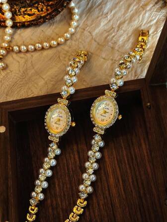 1 Piece Brand New Luxury Pearl And Rhinestone Inlaid Elegant Vintage Fashion Waterproof Women's Watch With Oval Mother Of Pearl Dial, Suitable For Daily Wear, Party, Vacation And Outing