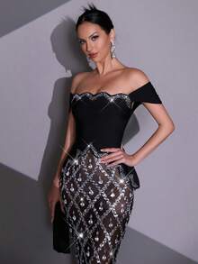 Elisanya Nouvelle robe de soirée noire sexy et luxueuse pour femmes, avec de lourds cristaux et diamants, épaules dénudées, patchwork transparent en maille serrée. Robe de demoiselle d'honneur formelle pour mariage, vacances et soirées