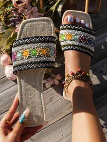 WRCVS Women's Embroidered Slip-On Flat Sandals, Woven Bohemian Style Slippers, Random Floral Pattern Slides For Party & Vacation - Black - View 2