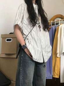 女式复古格子短袖纽扣衬衫，休闲设计宽松夏季上衣 - 藍色 - 查看 2