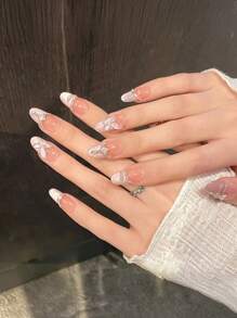 10 Peças Unhas Postiças Olhos de Gato Rosa com Strass, Naturais e Inquebrável, Simples de Usar para Decoração de Unhas DIY, Unhas Adesivas, Suprimentos de Unhas