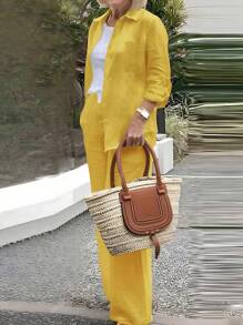 Casual Polo Collar Cardigan & Wide Leg Pants Set, Elegant, Versatile, Slimming, Solid Color Chic Shirt Top, Soft Fabric, Comfortable For Beach Vacation, Daily/Office Commute, Loose Waist Pants, 2 Pieces Outfit