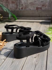 Women's Black Thick Sole Wedge Sandals With Oversized Bow Decor, Comfortable Cross Ankle Strap, Casual Beach Vacation Sandals, Fashionable Platform Shoes